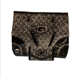 Guess Satchel Tote Shoulder Bag Black/Grey Leopard Print W/Matching Wallet